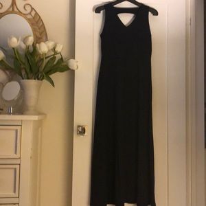 Navy cotton jersey sundress with open back.